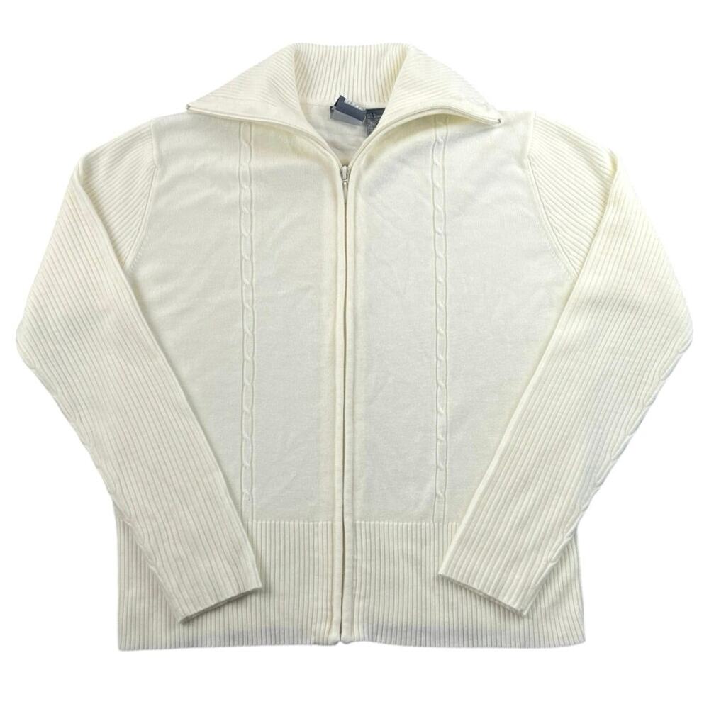 Vintage 90s Y2K Bill Blass Ivory Full Zip Mock Neck Sweater Cardigan Rib Knit L